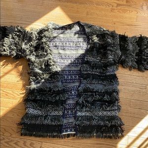 Navy blue cardigan with black leather